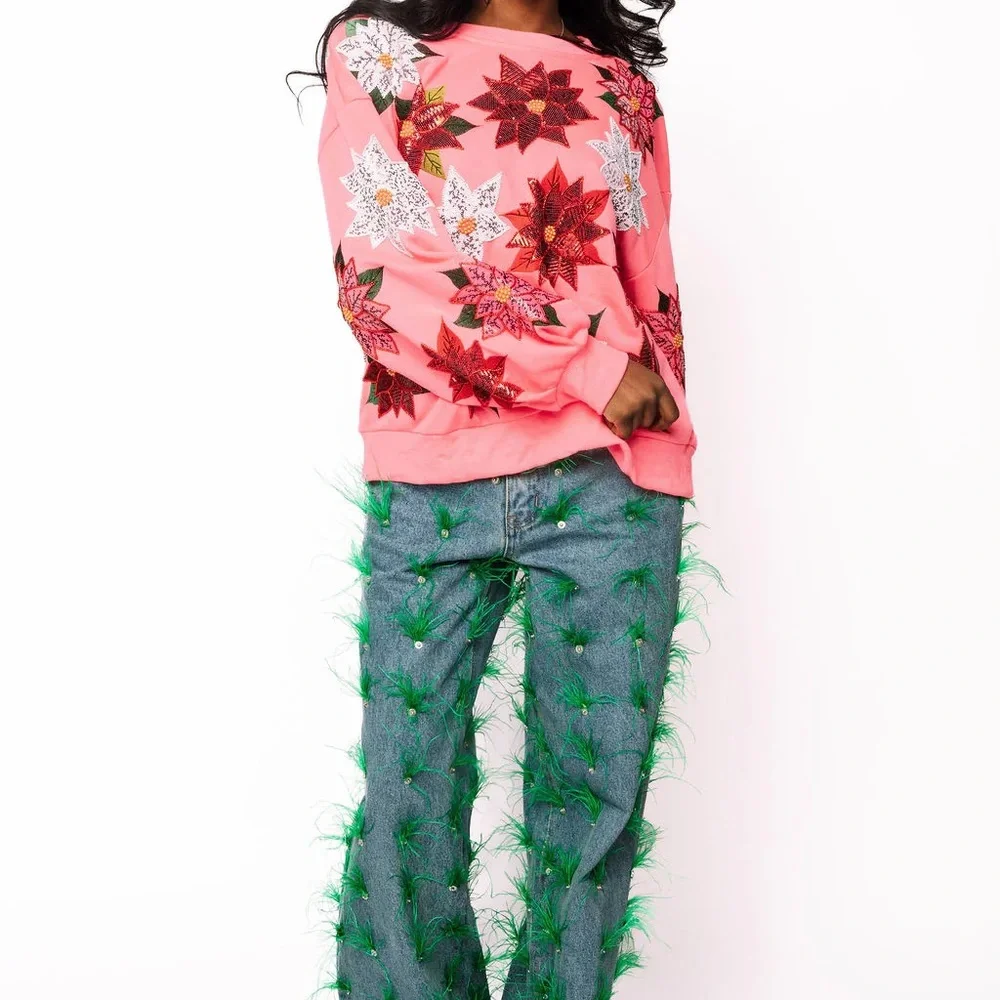 QUEEN OF SPARKLES Pink Poinsettia Sweatshirt - Picture 3 of 3